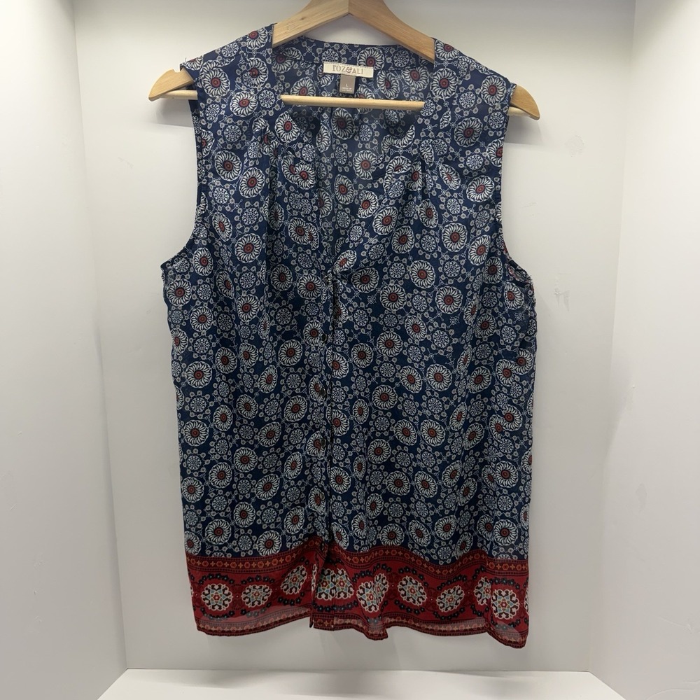 Roz & Ali Sleeveless Blouse Womens Large Blue Red Button Up Boho Lightweight Top